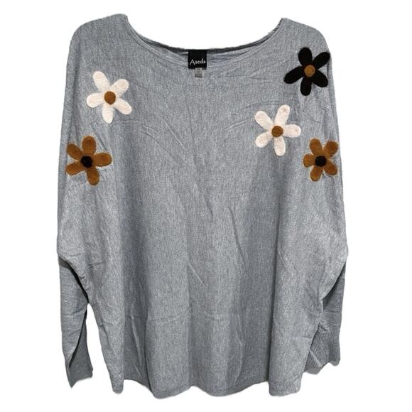 Aaeda Oversized Retro Sweater Size 2X Gray Felt Flowers Boho Hippie Relaxed Fit - Picture 1 of 6